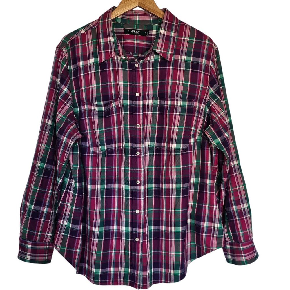 Lauren Ralph Lauren Plaid Button-Down Shirt Women Size 2X Long Sleeve Pink Green